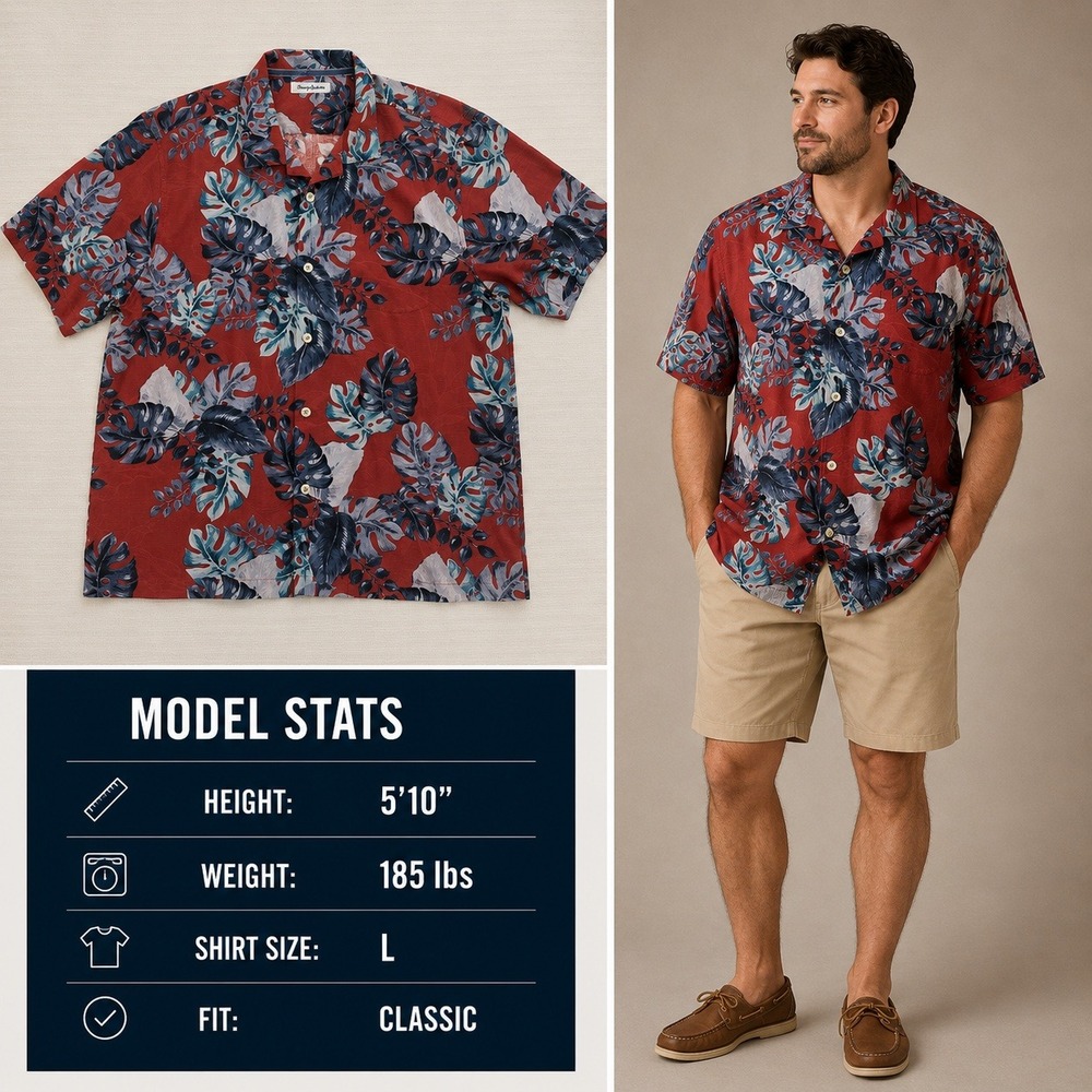 Tommy Bahama IslandZone Mens Large Red Silk Blend Tropical Monstera Camp Shirt